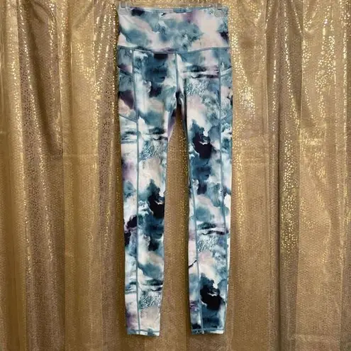 Gaiam  High Waist Blue White Purple Watercolor Tie Dye Active Yoga Leggings, XS