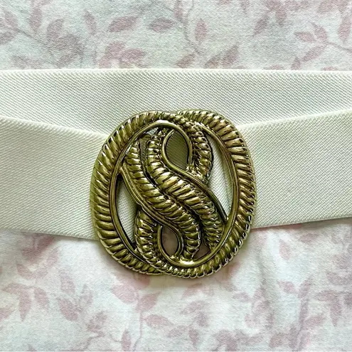 Vintage Cream Elastic Belt with Brass Wrap Buckle Gold