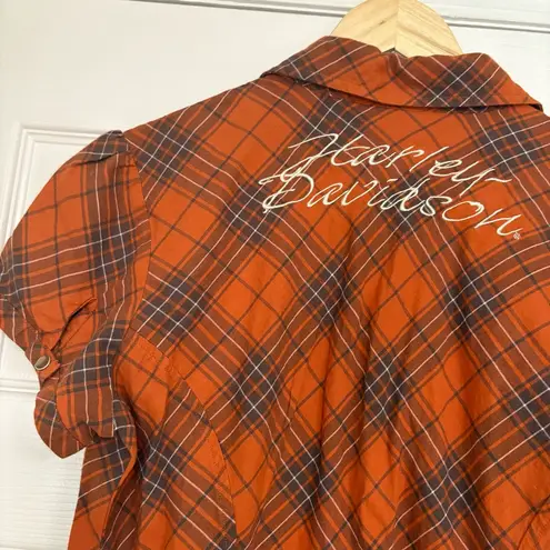 Harley Davidson Orange Plaid Short Sleeve Button Up Size Medium