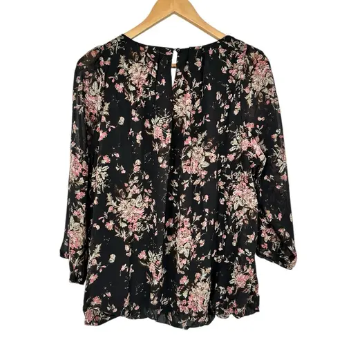 Zenobia Black Floral Blouse size 2X NWT Elbow Sleeve Elastic Hem Pleat Neck