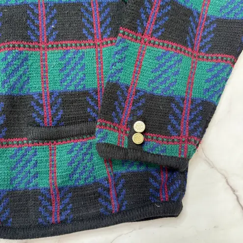 Vintage Tally Ho Womens Cardigan Sweater Size 2X Green Black Plaid Gold Buttons