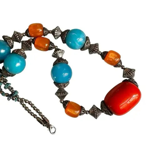 Vintage Bold Resin Bead Statement Necklace Orange & Turquoise Blue with Silver A