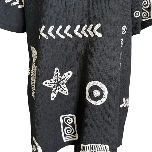 Artsy BOHO Black Top Women Size S Fish Doodle Print Crinkle Art To Wear Fashque