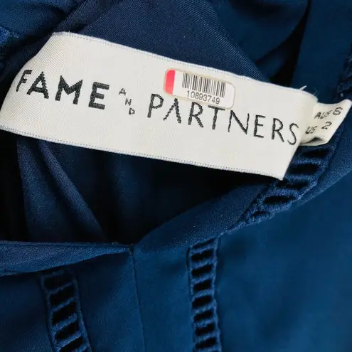 Fame and Partners Navy Hanne Midi Dress Bishop Balloon Sleeves Low V-Back Size 2
