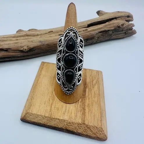 Black Onyx Sterling Silver Plated Ring Size 7 Black