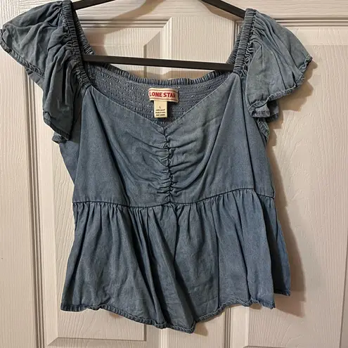 Women's Denim Blue Ruched Blouse from Lone Star Size L