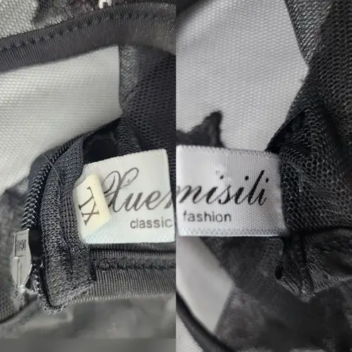 Women Sequin Star Print Black Tulle Dress Mesh See