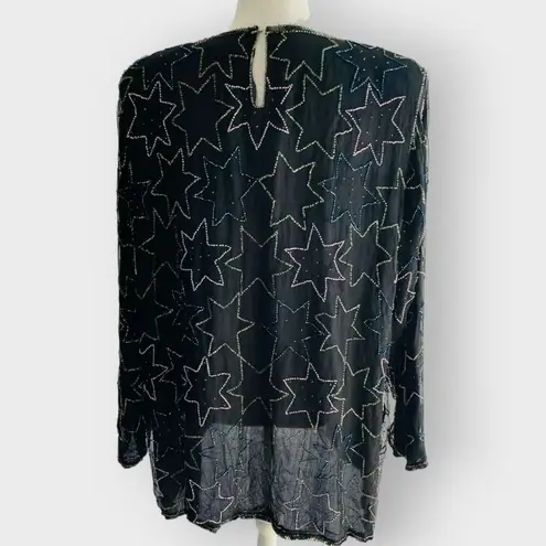 American Vintage Crimson Blouse Vintage Beaded Stars Novelty Long Sleeve Keyhole Black 100% Silk