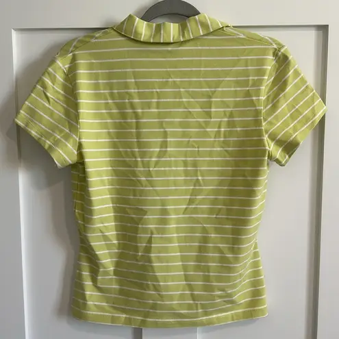 st. john's bay  Women's S Split Neck Polo Tee Citron Green White Stripe Preppy