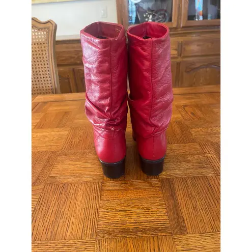 Hunt Club 90s Vintage Red Leather Mid Calf Slouchy Boots • 6 • • Chunky Heeled