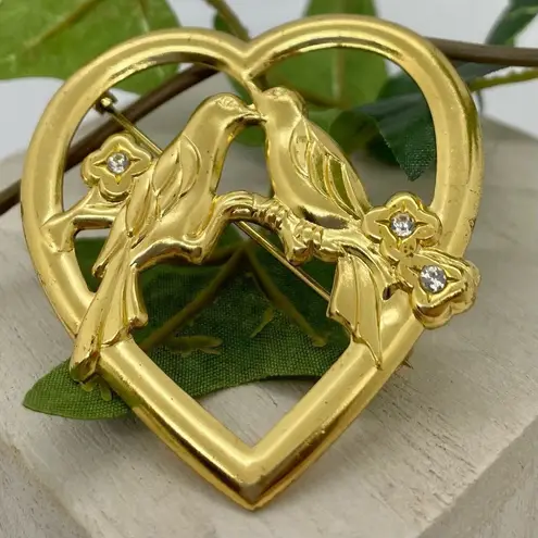 Vintage 1940s Lovebird Heart Rhinestone Brooch Pin Gold