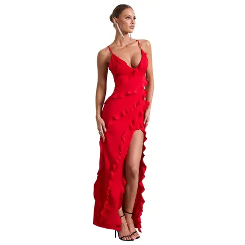 NWT Club L Red Ruffle Plunge Maxi Dress US 4 Holiday Party Wedding Formal Sexy