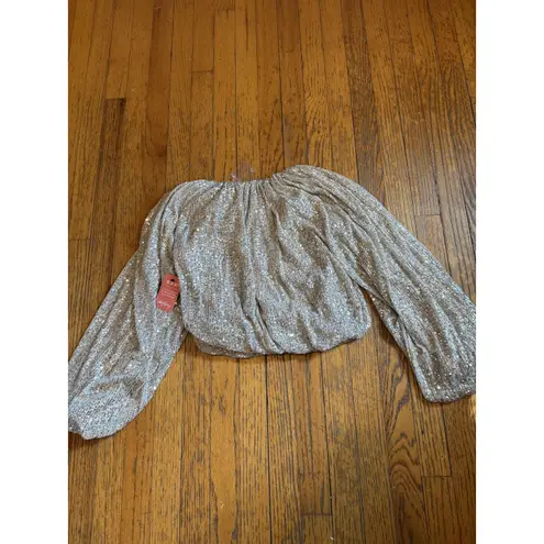 New Endless Rose Top Womens XS Nude Sequin Blouson Balloon Sleeve Crop HN506T