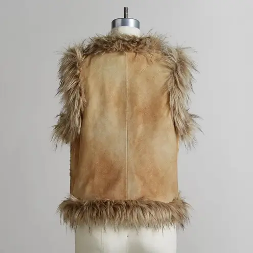 Anthropologie Sundance Lotus Blossom Goat Suede Leather Fur Vest Vintage Tan