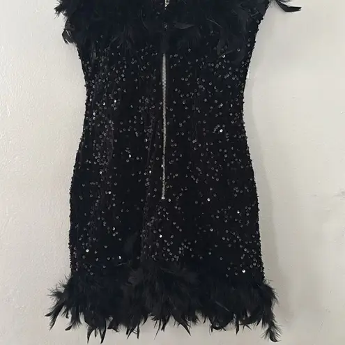 Off Shoulder Sequin Feather Mini Dress Flaxmaker NWOT Black Size M