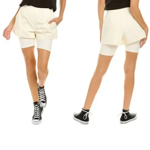 We Wore What NWT Athleisure Layered Windbreaker Biker Shorts in Off White