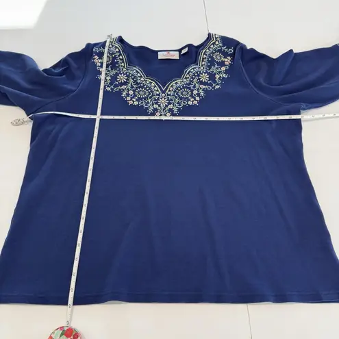 Quacker Factory Blue Floral Embroidered Rhinestone 3/4 Sleeve Knit Top Size XL - Image 8