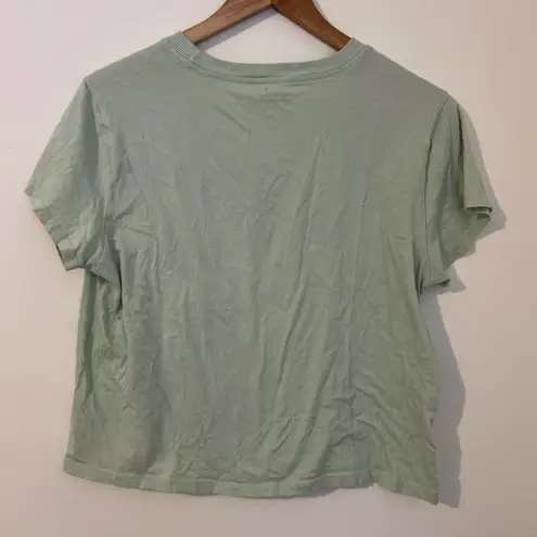 American Eagle Green Cropped Tee with Mushroom and Flower Design Size M
