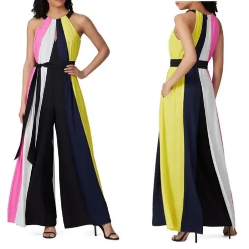 Great Jones Flowy Wide Leg Jumpsuit Color Block Palazzo Pants Layered Disco Pink