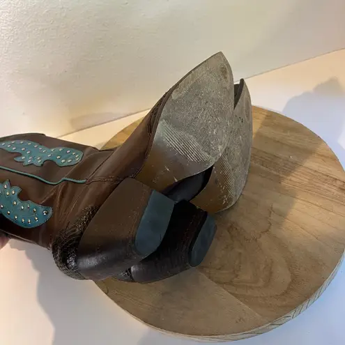 BCBG Y2K Brown Genuine Leather Studded Western Turquoise Boots Size 8.5