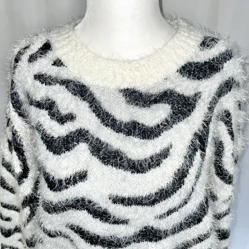 Hooked Up New Zebra Striped Fuzzy Knit Crewneck Sweater White Black