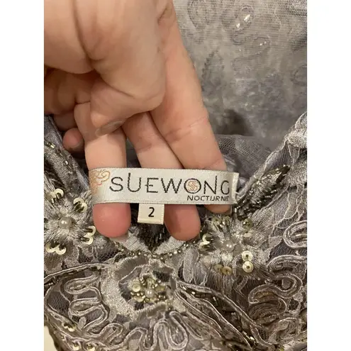 Sue Wong Nocturne Dress Womens 2 Gray Beaded Lace Cocktail Party Sheath Knee