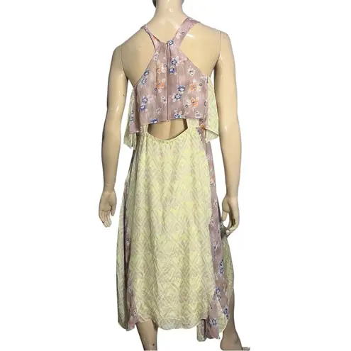 Rebecca Taylor Sz 6 8 Pale Yellow Floral Print Silk Chiffon Open Back Midi Dress