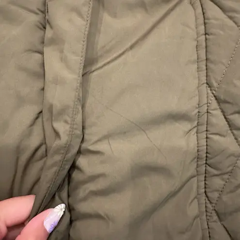 prAna Olive Green Quilted Winter Coat Knit Collar Women's Size Large Zip Buttons
