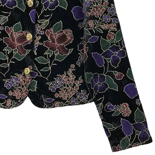 Vintage Black Gold Metallic Velvet Colorful Floral Evening Blazer Size SMALL