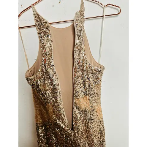 Badgley Mischka Gold High Neckline Sleeveless Sequin FLAWED Maxi Dress sz 2
