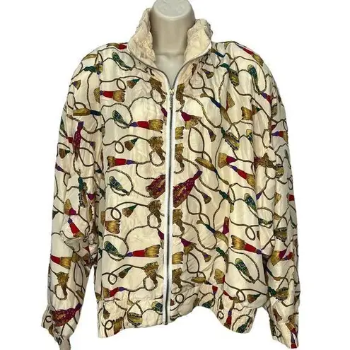 Lavon Vintage Silk Windbreaker Jacket Cream Gold Tassels Size XL 80s 90s Womens
