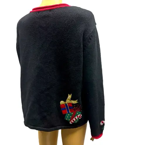 heirloom collectibles  Christmas Black Red Applique and Bead Cardigan Sweater L