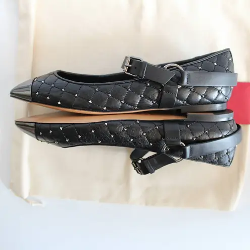 Valentino Garavani Valentino Black Silver Rockstud Quilted Spike Mary Jane Cap Toe Ballet Flats