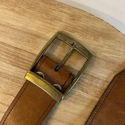 Vintage 90s Soft Tan Genuine Leather Chunky Brass Buckle Belt Size M/L Size M