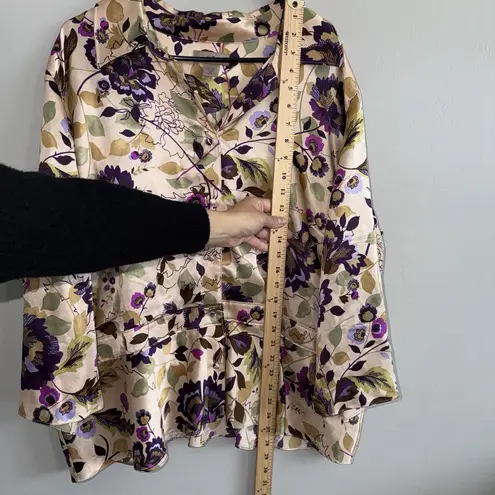 i.e. Woman 100% Silk Floral Blouse Size 3X Button Front Top Boho Botanical Print Purple