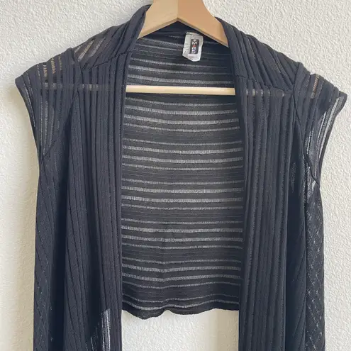 Mi & Rena Vintage Black Semi Sheer Stripe Short Sleeve Drape Crop Cardigan Top