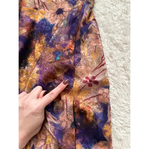 Fore Boutique Satin Purple Gold Floral Maxi Dress Strapless Open Cowl Back