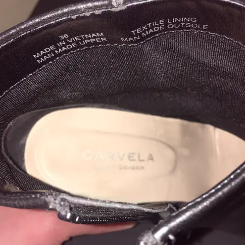 Kurt Geiger Carvela Black Side Zip Gold Metal Trim Block Heel Boots $245 EUC 6