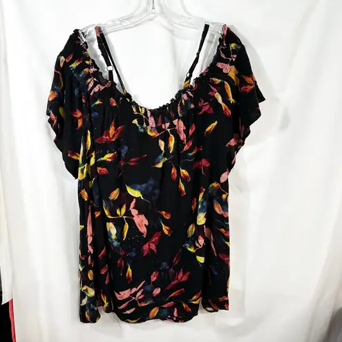Torrid  Plus Size‎ 3X Top Rayon Crepe Smocked Cold Shoulder Floral Black Boho 299