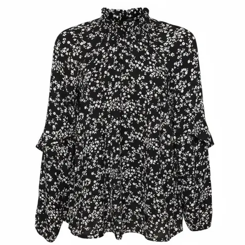 Moa Moa Floral Print Mock Neck Ruffle Detail Blouse