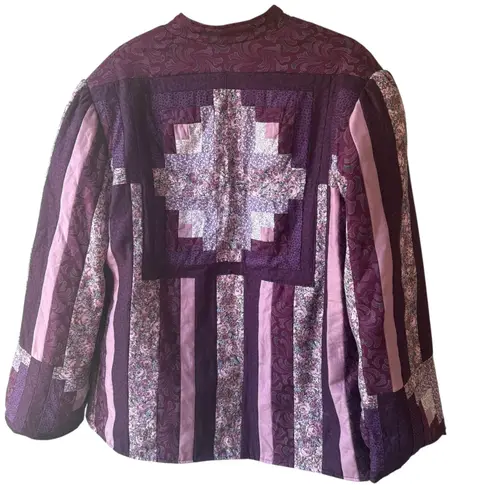 Quilted Handmade Jacket Purple Floral Patchwork Button Up Women's Coat Unique XL