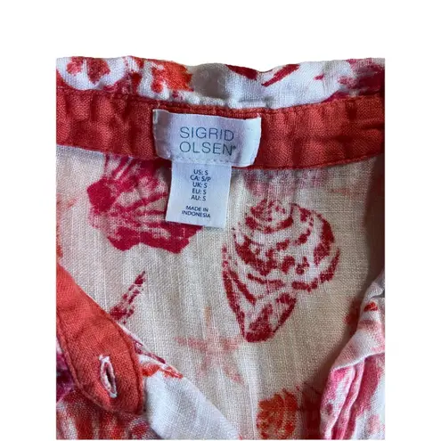 Sigrid Olsen 100% Linen Shirt Dress Size Small Red White Shell Ocean Print