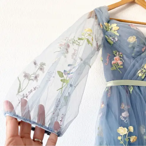 Unbranded Tulle Floral Embroidered Midi Gown Dress in Slate Blue Size 6