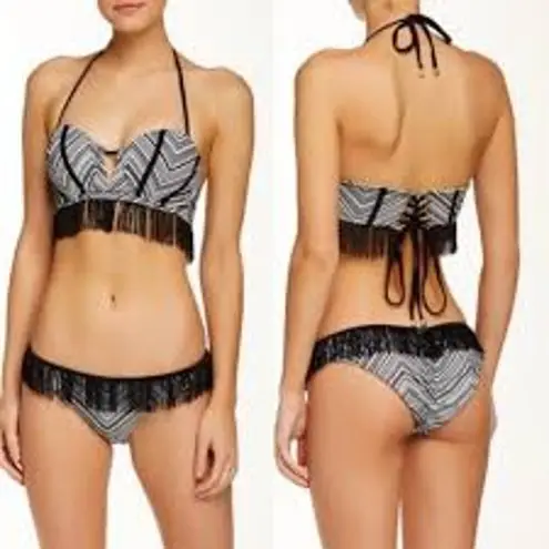 Beach Bunny Crossroads Fringe Cheeky Scrunch Bikini Bottom Black White Size XL