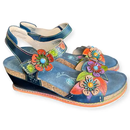 Navy L’artiste Floral Wedge Sandals | Size 10 | hand painted leather shoes Blue
