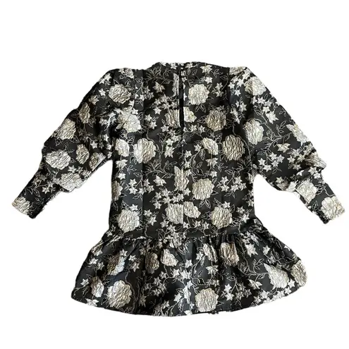 River Island Size 4 US Black & Ivory Puff Sleeve Drop Waist Jacquard Dress NWT