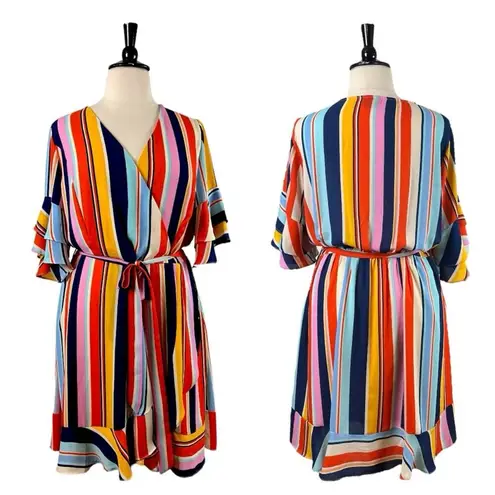 City Chic Wrap Dress Ruffle Sleeve Belted Pink Multi Stripe Women’s Plus Size 24