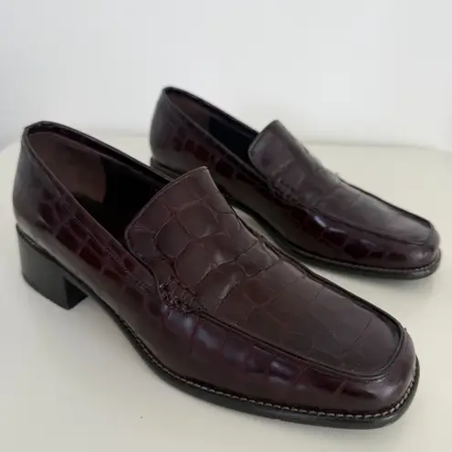 Vintage Nino Cerruti Loafers Womens 6 Croc Embossed Leather Square Toe Oxblood Black