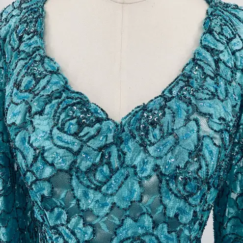 Vintage Floral Beaded Gown Long Sleeve V Neck All Over Rose Beading Turquoise 4 Blue