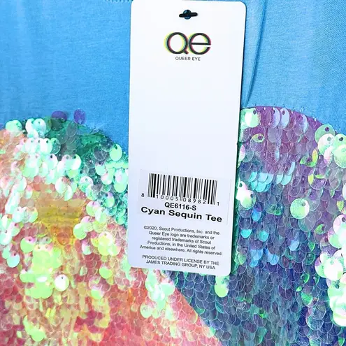 Queer Eye Vibrant Blue Short Sleeve Tee with Rainbow Sequin Heart, Size S